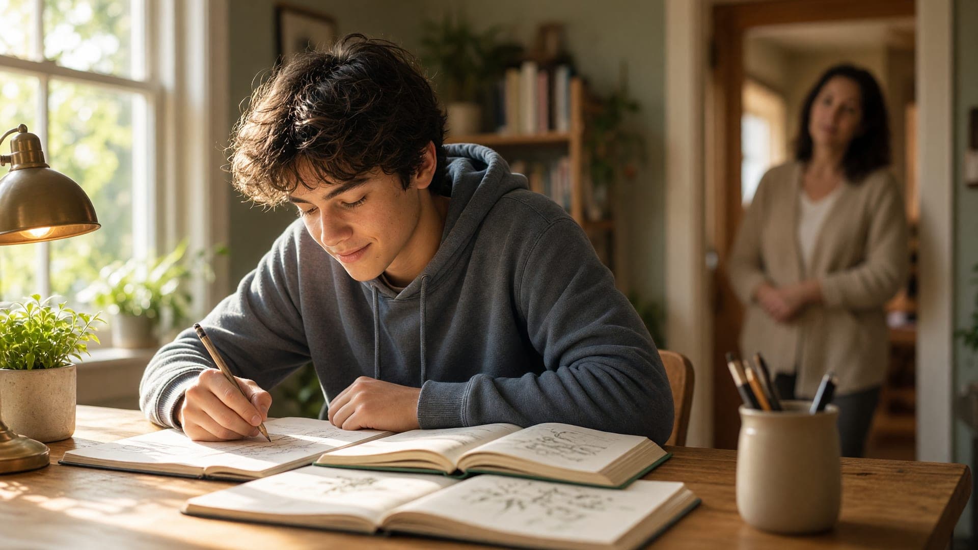 A student happily absorbed in reading and sketching at a sunlit desk while a parent looks on