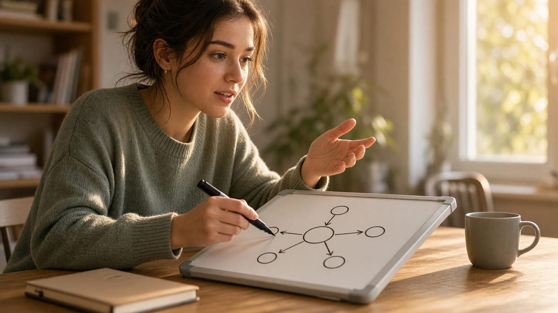 A student explaining an idea aloud beside a small whiteboard diagram, with their notebook closed on the desk