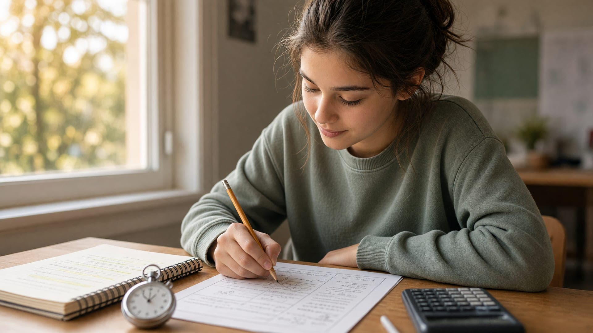 Student working through a timed practice test with a notebook error log and calculator on a desk