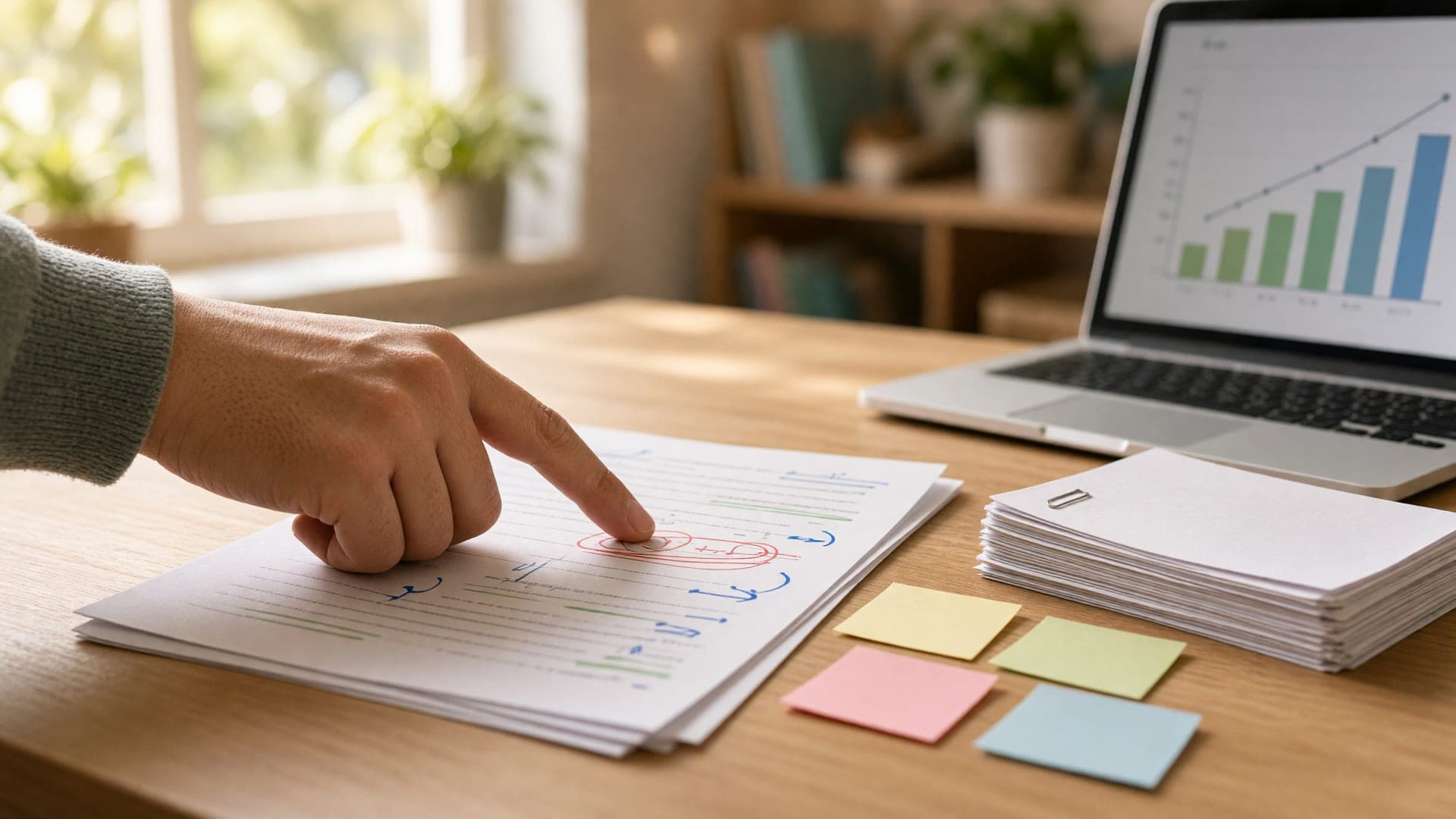 A teacher reviewing a student's annotated draft next to a stack of unit tests on a classroom desk.