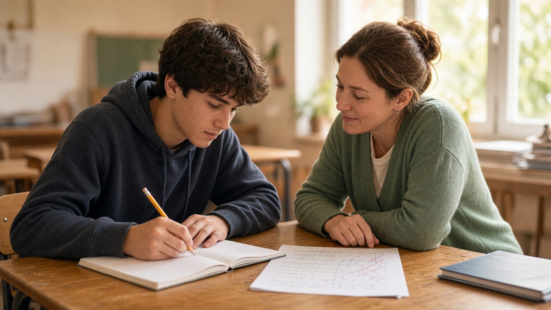 A high school student reviewing a corrected math quiz and planning next steps while a teacher offers guidance