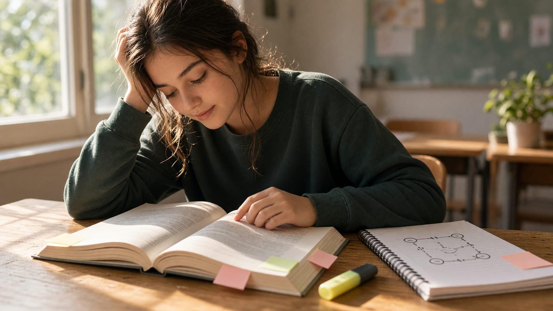 A student reading a textbook with sticky notes and a hand-drawn diagram in a notebook nearby