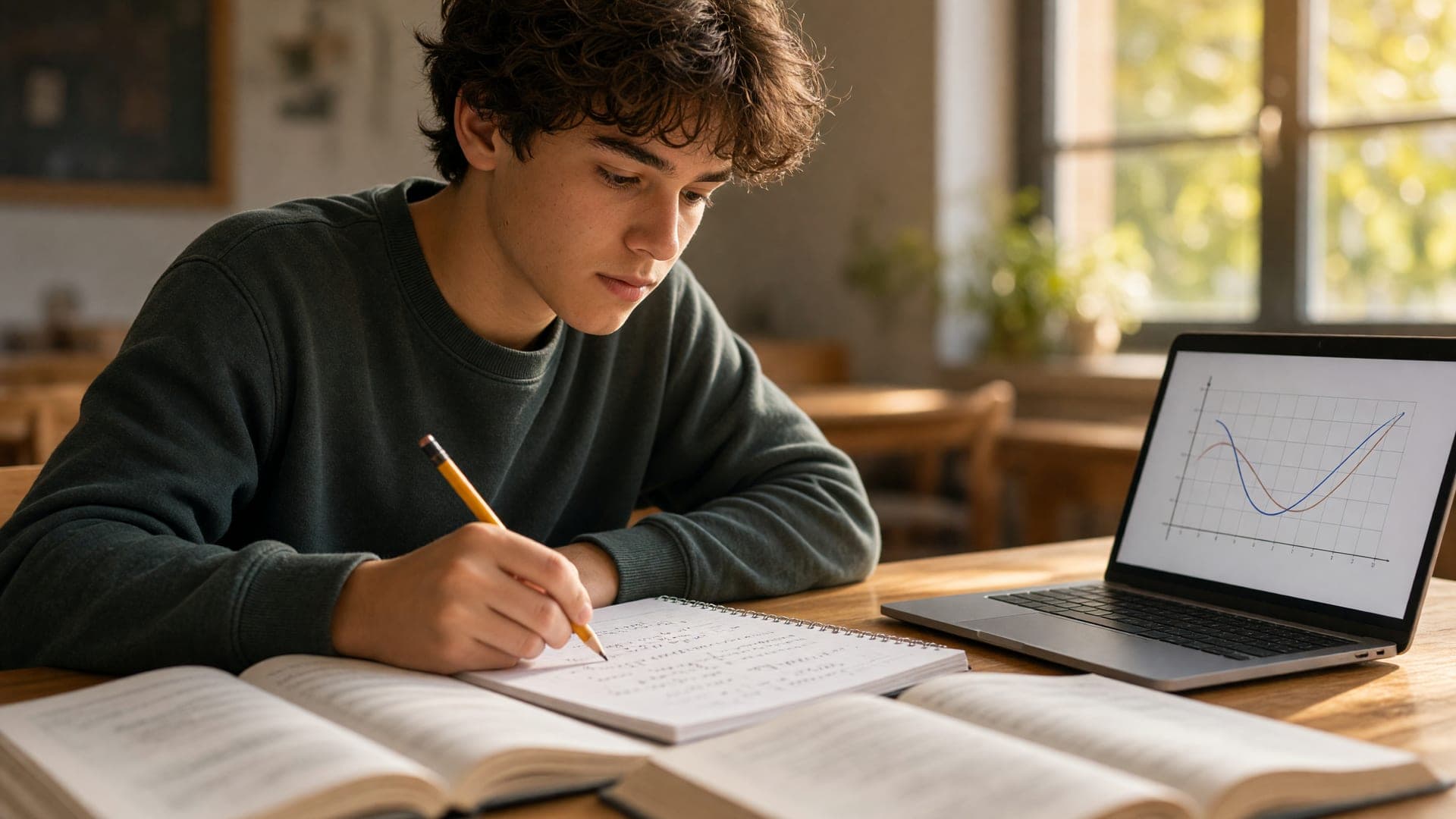Student working through a math problem with a textbook, notes and laptop at a desk