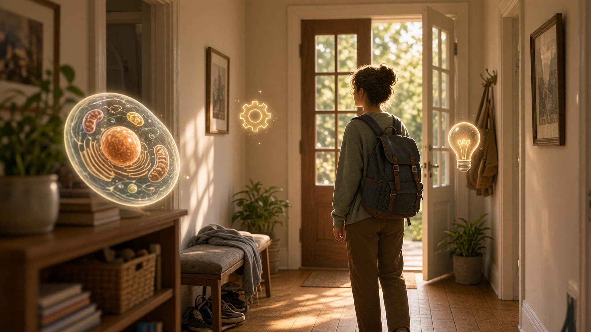 Student walking through a home hallway where imaginary glowing objects mark each stop along a memory palace route