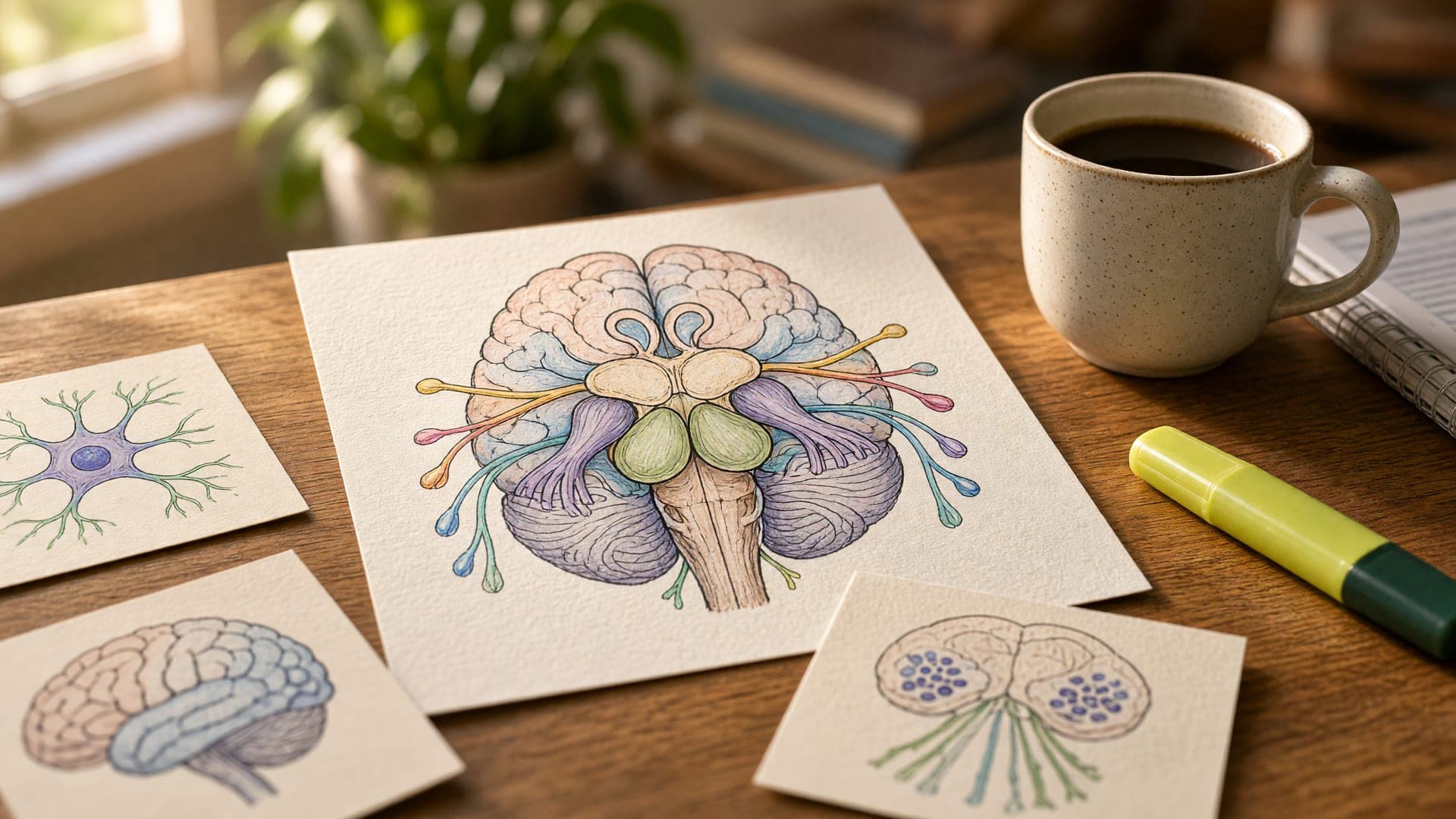 Student's desk with a hand-drawn cranial nerve diagram, flashcards and highlighter