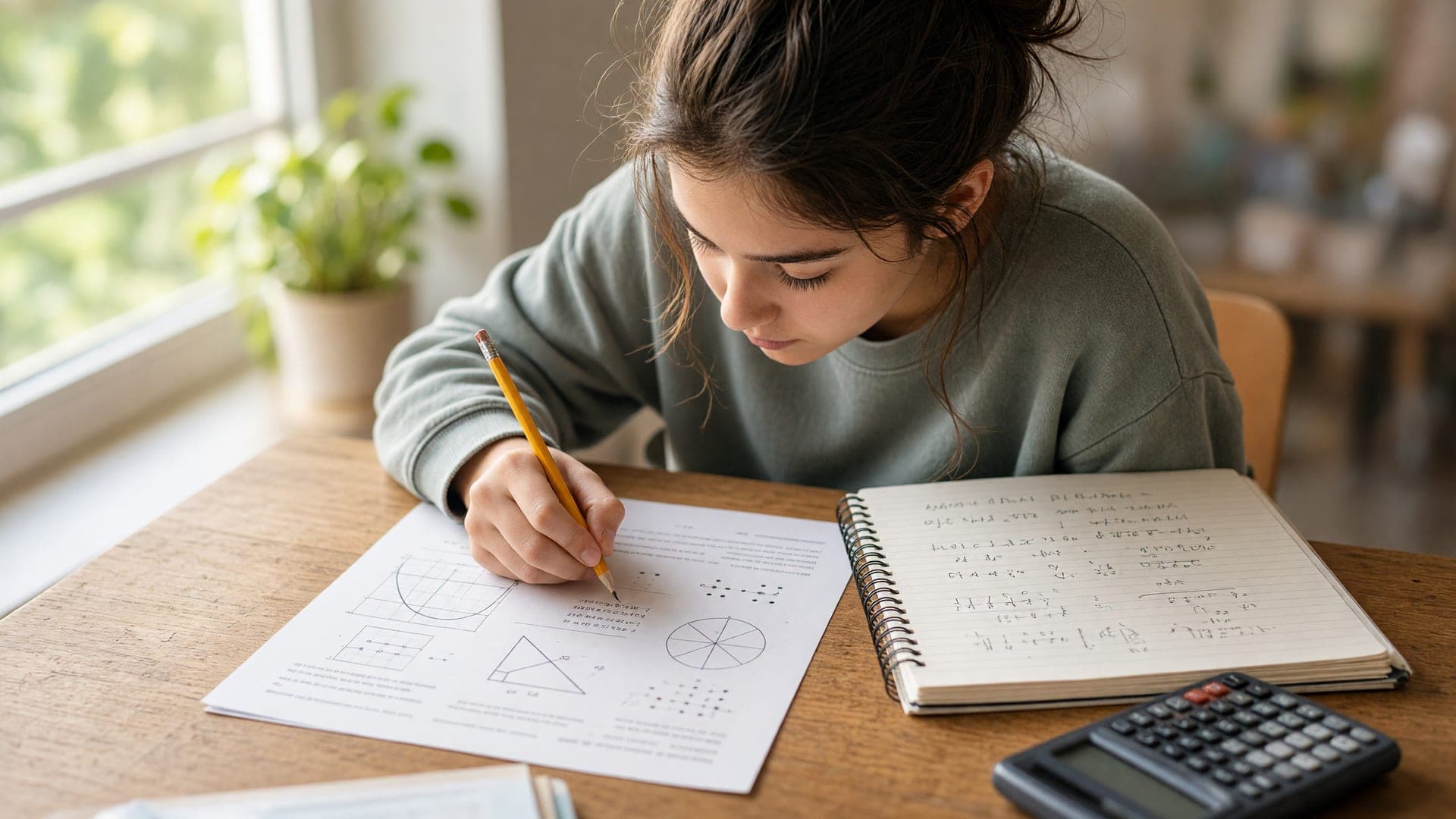 A student working through a printed SAT math practice test with a notebook and calculator