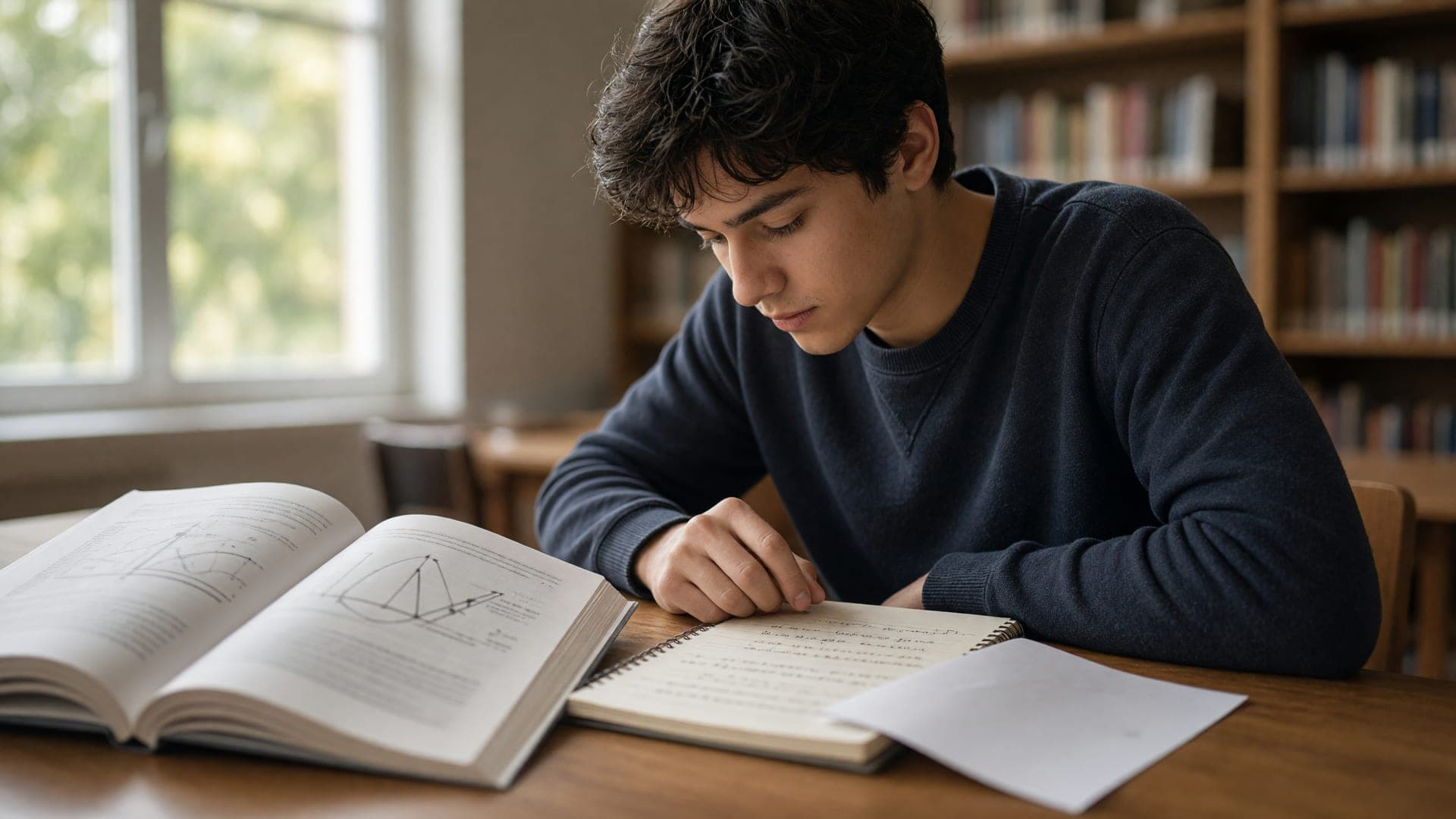 A student working through a physics problem set at a library desk with a sheet covering a worked solution