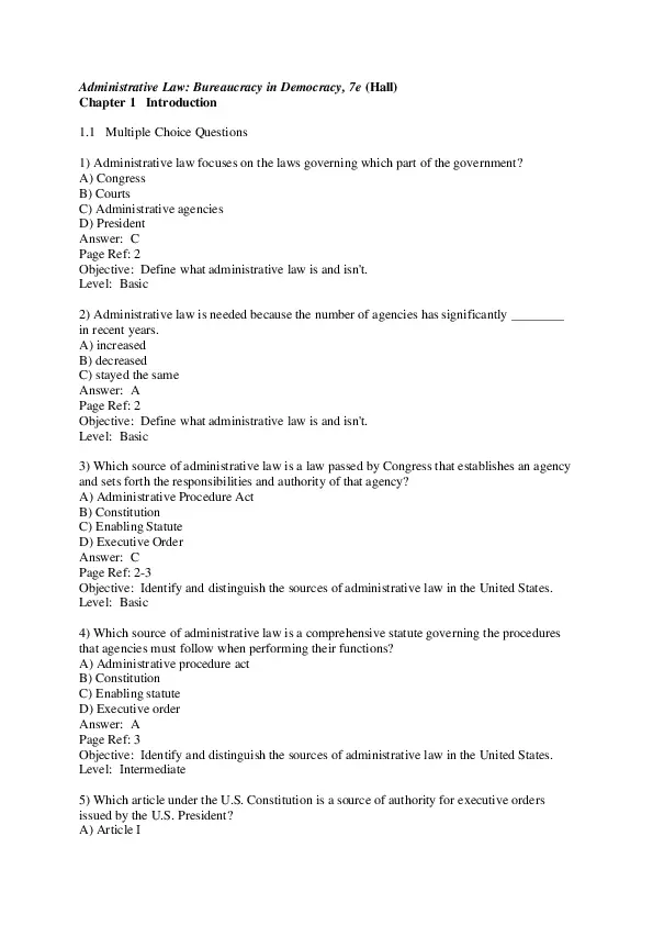 Test Bank for Administrative Law: Bureaucracy in a Democracy, 7th Edition