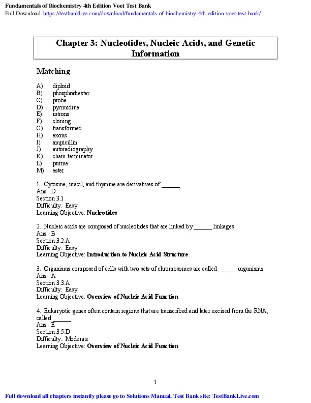 Fundamentals Of Biochemistry: Life At The Molecular Level, 4th Edition Test Bank