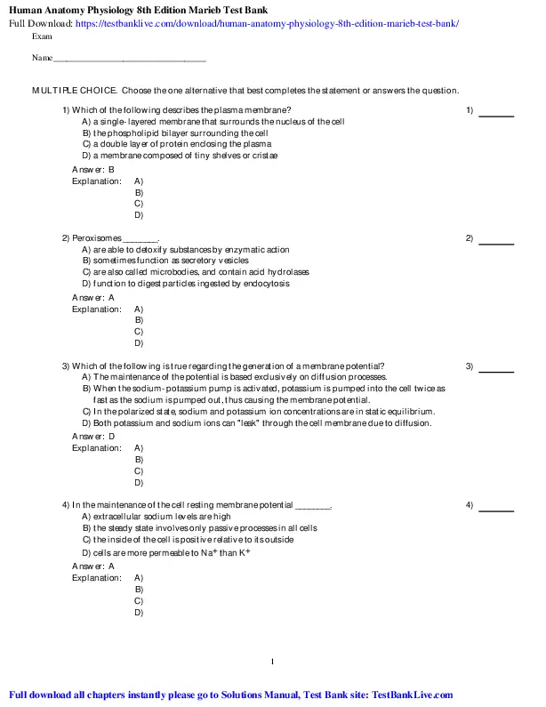 Human Anatomy And Physiology, 8th Edition Test Bank