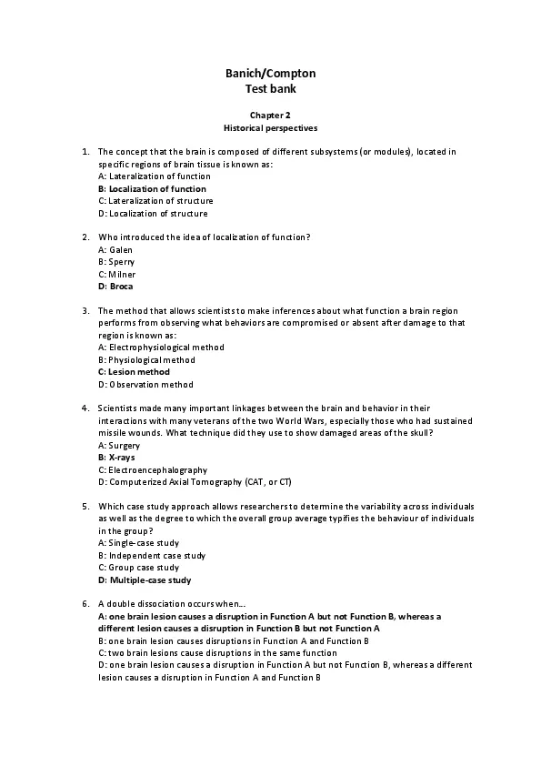 Test Bank for Cognitive Neuroscience, 4th Edition