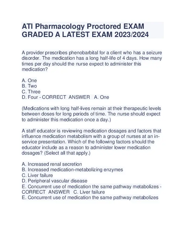 2023-2024 ATI Pharmacology Proctored Exam with Answers (242 Solved Questions)