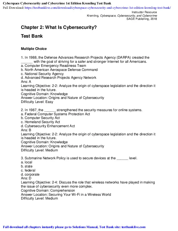 Test Bank For Cyberspace, Cybersecurity, and Cybercrime, 1st Edition