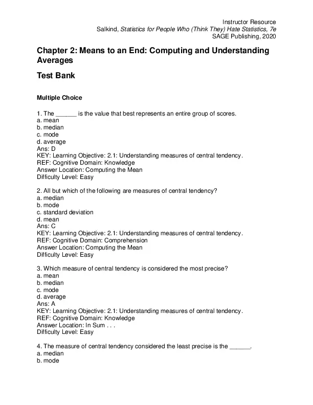 Test Bank For Statistics for People Who (Think They) Hate Statistics, 7th Edition