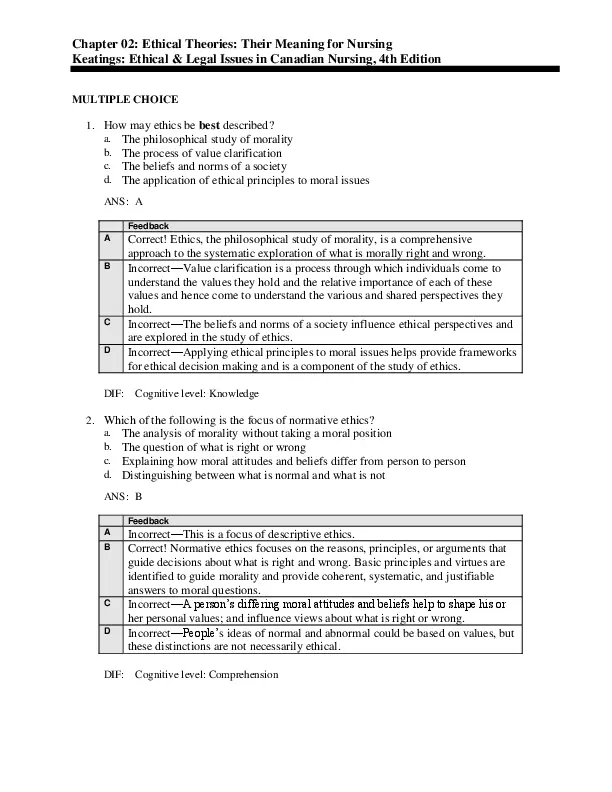 Test Bank for Ethical and Legal Issues in Canadian Nursing, 4th Edition