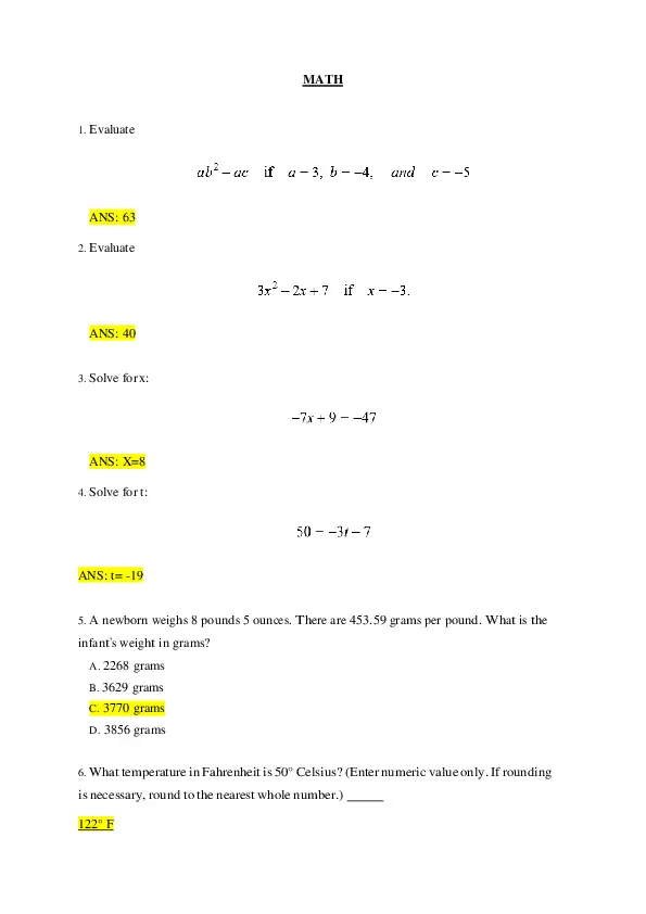 HESI Mathematics A2 Exam Version 1 With Answers (50 Solved Questions)